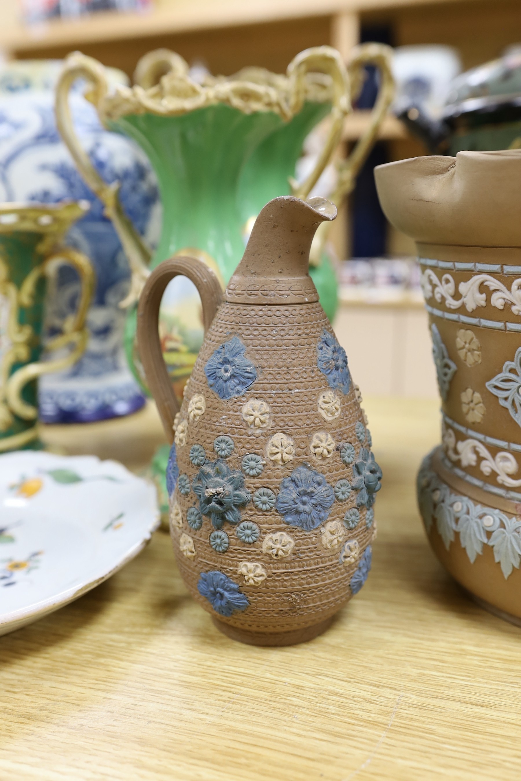 A quantity of earthenware to include Delft, tin glazed pottery, etc. and porcelain vases